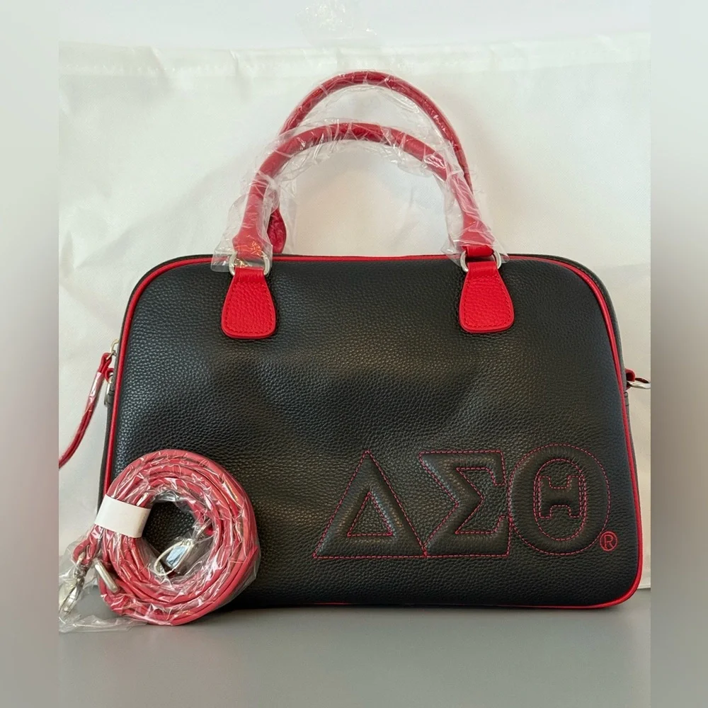 New Tauntus Greek Life Delta Sigma Theta Sorority (ΔΣΘ) Blk&Red Leather Satchel - Picture 1 of 7